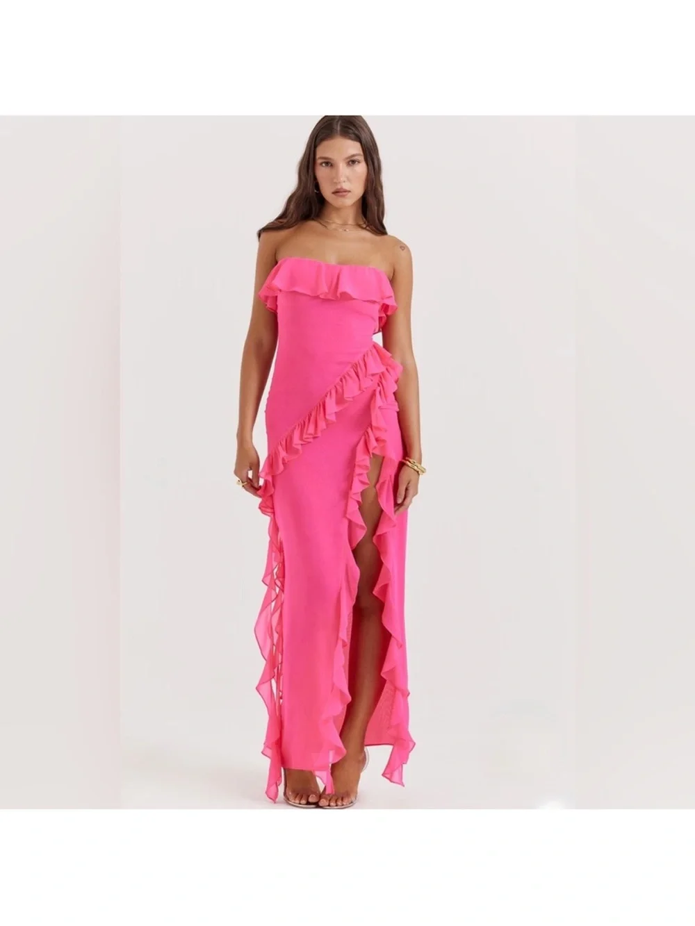 house of cb ruffle maxi dress Clothing : Maxi Dresses : 'Pixie' Olive Ruffle Maxi Dress